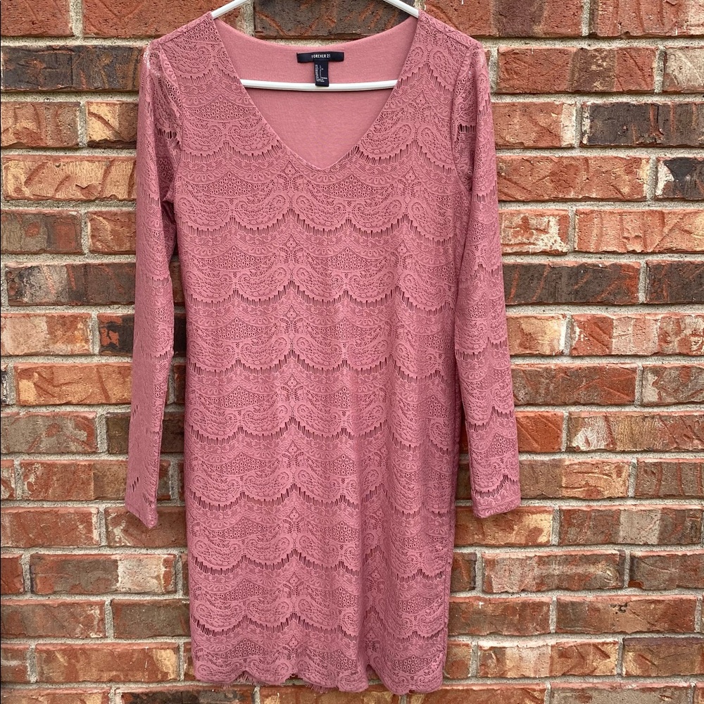 Forever 21 Rose Pink Lace Boho Midi Dress Sleeve L